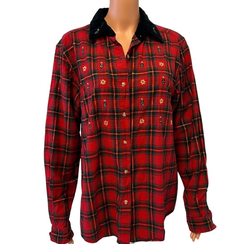 Bobbie Brooks Vintage red plaid Christmas button up shirt black velvet collar